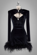 Schwarzes Minikleid aus Samt mit langen Ärmeln, Strass-Details, Cut-outs und Federn am Saum