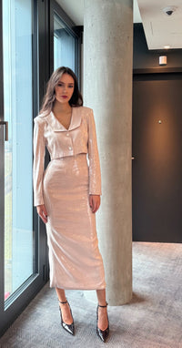 Sequin Cropped Blazer & Midi Skirt nude